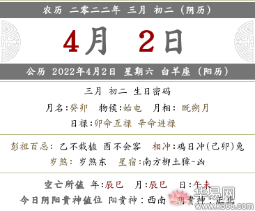 2022年农历三月初二是阳历几月几号,这天黄历的日子怎么样?
